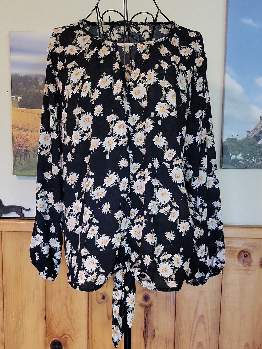 West Kei Black Daisy Tie-Front Blouse